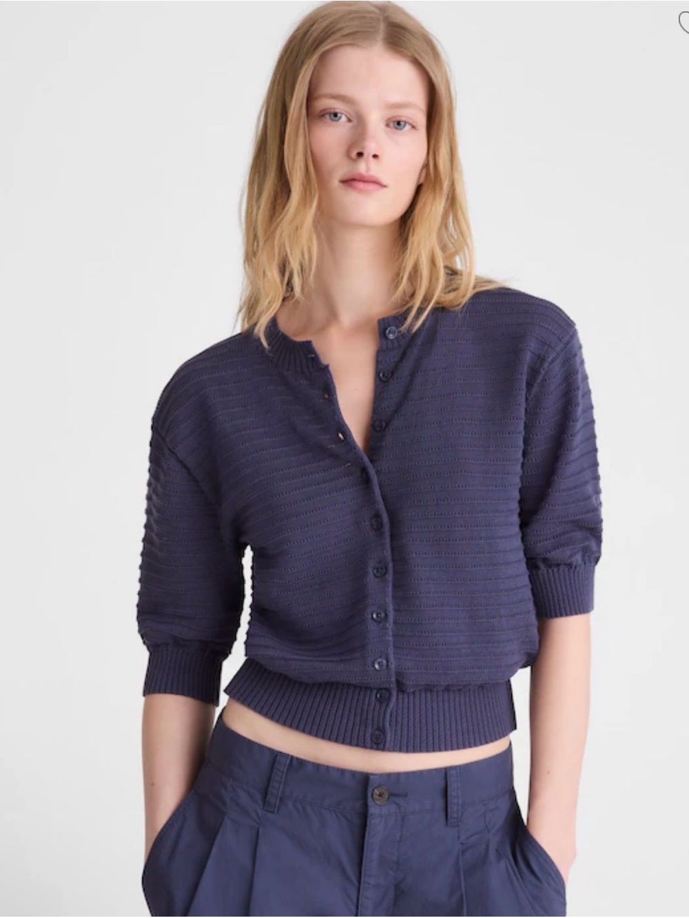 Madewell Textured Short-Sleeve Cardigan Petrol Navy 100% Cotton Blouse XL NWOT